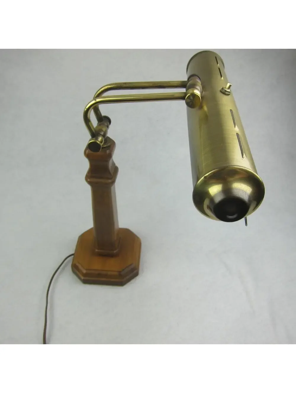 Vintage Bankers Piano Desk Lamp Brass & Wood Adjustable Arm Double Bulb WORKS